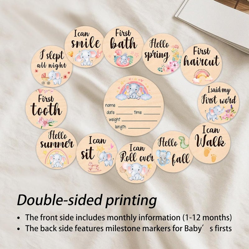 MCIAONE Baby Monthly Milestone Cards Signs - 13 Double Sided Little Elephant Milestone Cards, "Hello" Wooden Circles Discs for Photo Props Elephant Newborn Announcement Marker, Baby Shower Newborn Sign Gift - Image 5